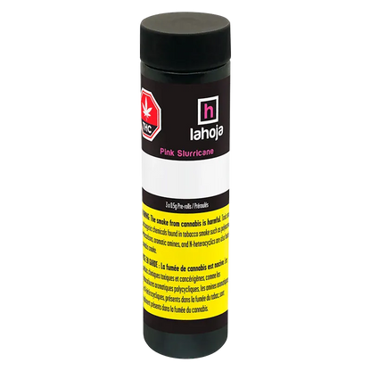 Front-facing shot of the Pink Slurricane PR 3 x 0.5 g black canister with pink and yellow labels showing the lahoja logo and THC symbol.