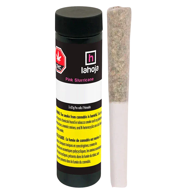 Front-facing shot of a black canister and a single joint beside it labeled "Pink Slurricane PR 3 x 0.5 g" with a white and yellow warning panel.