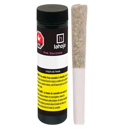 Front-facing shot of a black canister and a single joint beside it labeled "Pink Slurricane PR 3 x 0.5 g" with a white and yellow warning panel.
