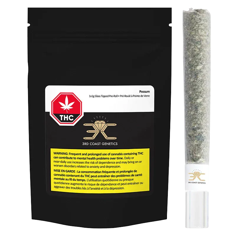 Front-facing image of a black pouch and a clear glass pre-roll tube with the Possum Glass Tip PR 1 x 1 g label visible.