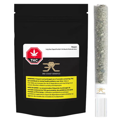 Front-facing image of a black pouch and a clear glass pre-roll tube with the Possum Glass Tip PR 1 x 1 g label visible.