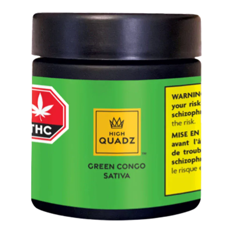 Front view of the High Quadz Green Congo sativa jar with a bright green label, centered logo, and warning panel at right.