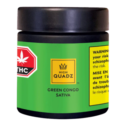 Front view of the High Quadz Green Congo sativa jar with a bright green label, centered logo, and warning panel at right.