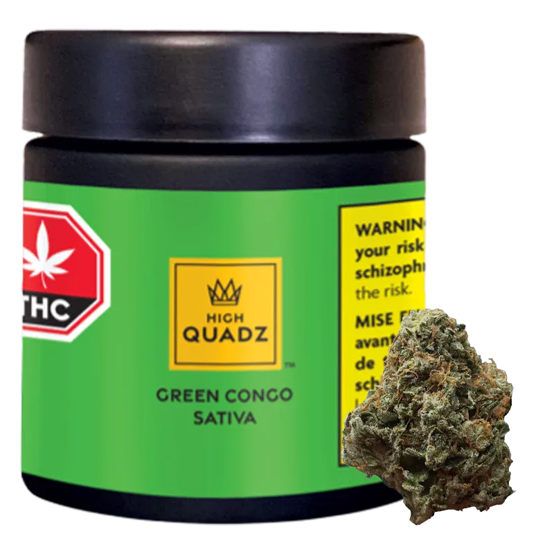 Close-up front view of a black jar labeled High Quadz Green Congo Sativa on a bright green label with a cannabis bud beside it.