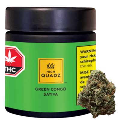 Close-up front view of a black jar labeled High Quadz Green Congo Sativa on a bright green label with a cannabis bud beside it.