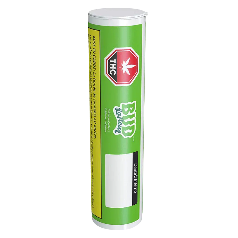 Vertical front view of the green tube packaging labeled Dante'z Inferno PR 7 x 0.5 g with a red THC octagon logo.