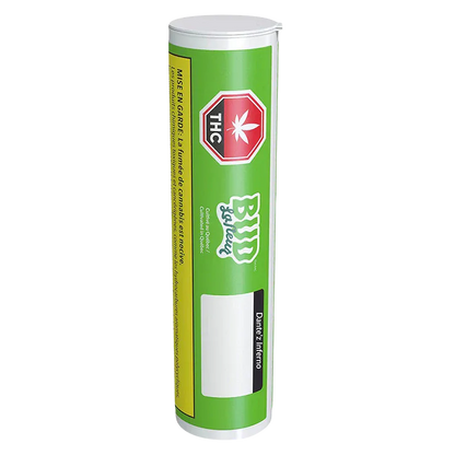 Vertical front view of the green tube packaging labeled Dante'z Inferno PR 7 x 0.5 g with a red THC octagon logo.