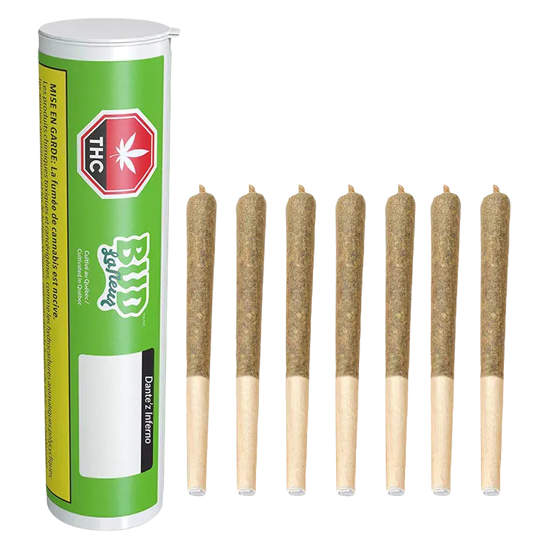 Left-profile shot of a green tube next to eight evenly spaced prerolled joints in a row, labeled Dante'z Inferno PR 7 x 0.5 g.