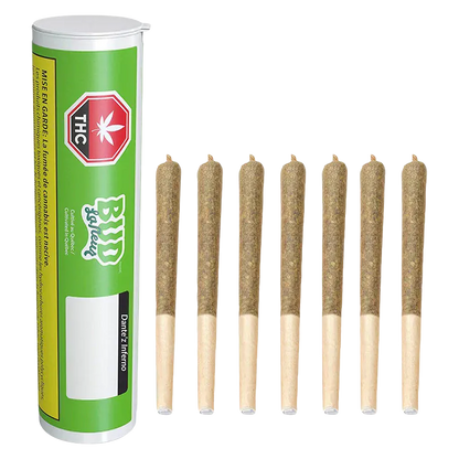 Left-profile shot of a green tube next to eight evenly spaced prerolled joints in a row, labeled Dante'z Inferno PR 7 x 0.5 g.