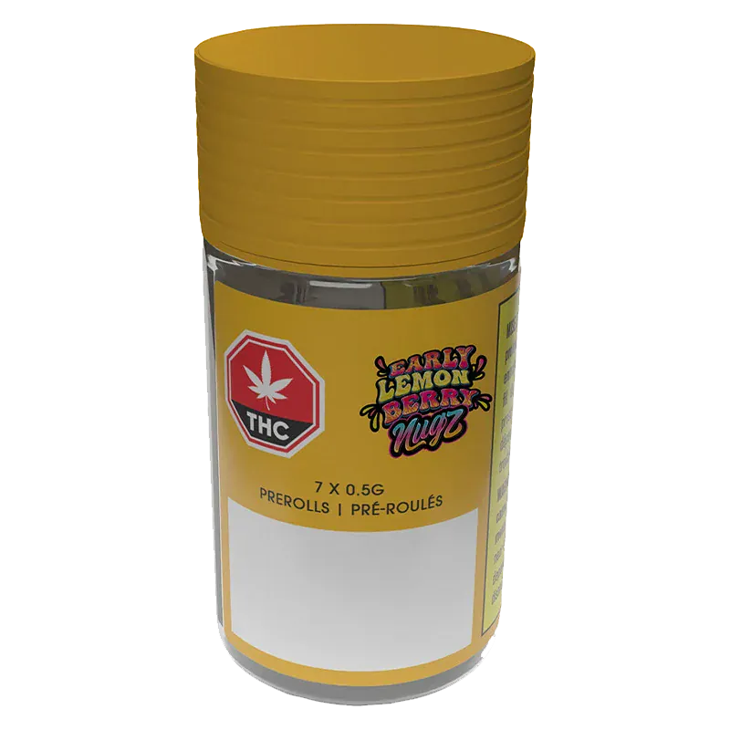 Three-quarter front view of the Early Lemon Berry PR 7 x 0.5 g clear jar with a ribbed yellow lid and matching yellow label showing a THC symbol and colorful logo.