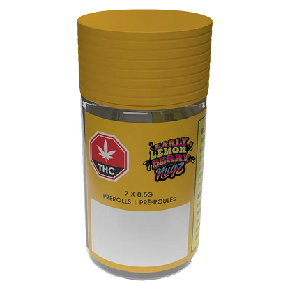 Three-quarter front view of the Early Lemon Berry PR 7 x 0.5 g clear jar with a ribbed yellow lid and matching yellow label showing a THC symbol and colorful logo.