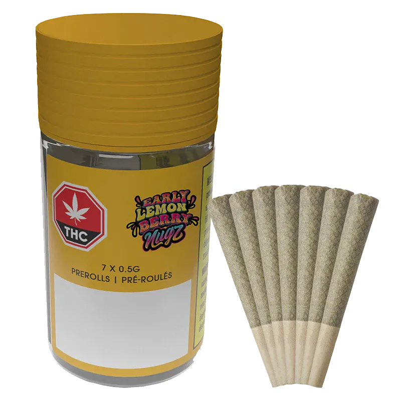 Jar and seven cone pre-rolls photographed on a white background, showing the Early Lemon Berry PR 7 x 0.5 g tub with a yellow lid and label.