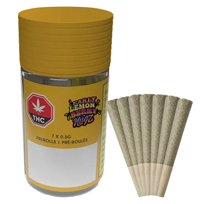 Jar and seven cone pre-rolls photographed on a white background, showing the Early Lemon Berry PR 7 x 0.5 g tub with a yellow lid and label.