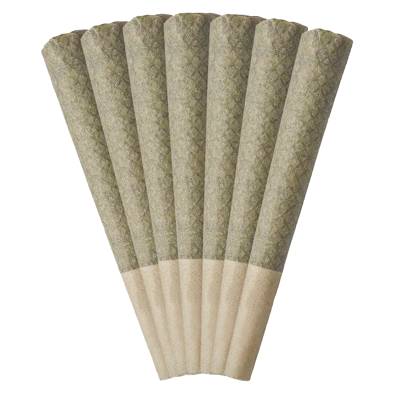 Top-down fanned arrangement of eight pre-rolled cones labeled Early Lemon Berry PR 7 x 0.5 g showing textured green papers and beige tips.