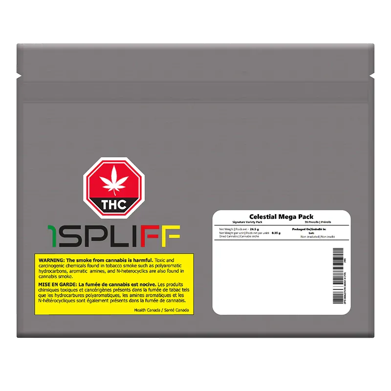 Front-facing shot of the gray resealable pouch labeled Celestial Mega PR 7 x 3.5 g with a red THC stop sign and warning block.
