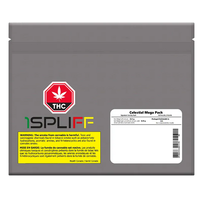 Front-facing shot of the gray resealable pouch labeled Celestial Mega PR 7 x 3.5 g with a red THC stop sign and warning block.