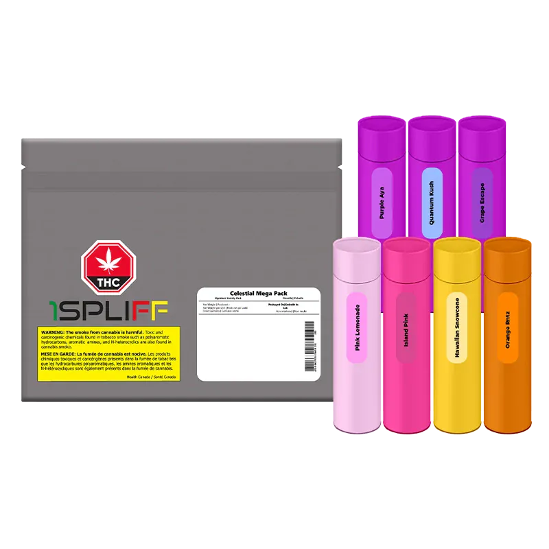 Right-side view of colorful cylindrical cartridges arranged in two staggered rows next to a gray resealable pouch labeled "Celestial Mega PR 7 x 3.5 g".