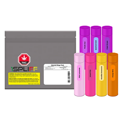 Right-side view of colorful cylindrical cartridges arranged in two staggered rows next to a gray resealable pouch labeled "Celestial Mega PR 7 x 3.5 g".
