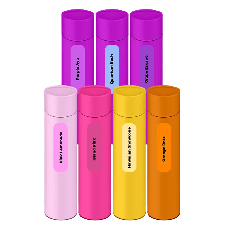 Front-facing arrangement of seven colorful cylindrical tubes labeled in rowed formation, Celestial Mega PR 7 x 3.5 g.