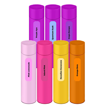 Front-facing arrangement of seven colorful cylindrical tubes labeled in rowed formation, Celestial Mega PR 7 x 3.5 g.