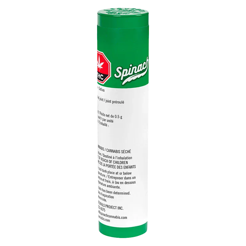 Tall cylindrical packaging photographed front-on showing the green and white label of Blue Thai PR 1 x 0.5 g with small printed text and a red THC symbol.