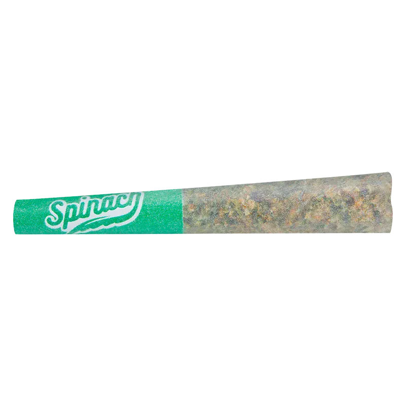 Side view of a pre-rolled joint with a green "Blue Thai PR 1 x 0.5 g" branded filter and packed herbal tip on a white background.
