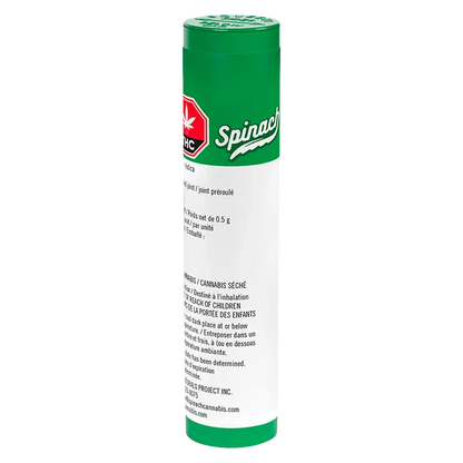 Tall front-facing shot of the green-and-white Spinach OG Kush 1 x 0.5 g tube showing the top cap and printed warning text.