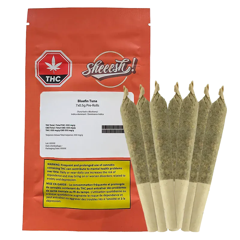 Front-facing shot of a red pouch labeled "Bluefin Tuna PR 7 x 0.5 g" beside six cone-shaped pre-rolls standing upright.
