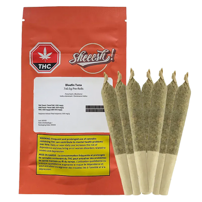 Front-facing shot of a red pouch labeled "Bluefin Tuna PR 7 x 0.5 g" beside six cone-shaped pre-rolls standing upright.