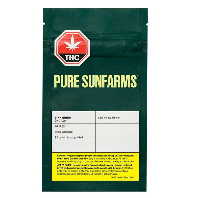 Flat front view of the Pure Sunfarms Pink Rhino pouch, dark green packaging with large logo and white product label.