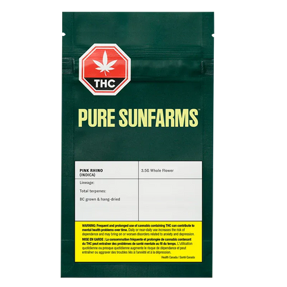 Flat front view of the Pure Sunfarms Pink Rhino pouch, dark green packaging with large logo and white product label.
