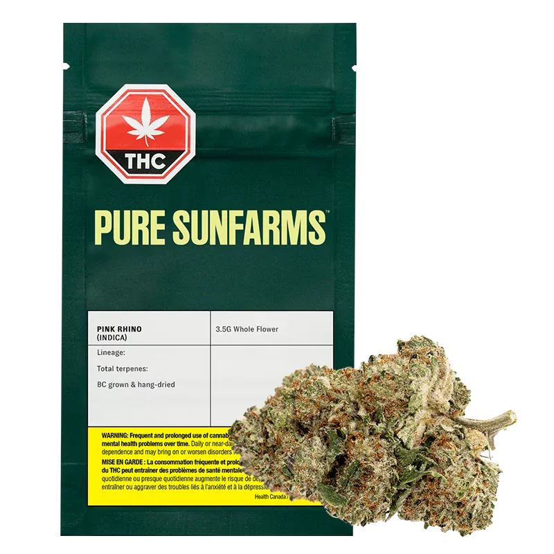 Front view of the Pure Sunfarms Pink Rhino pouch with a 3.5 g bud pictured in front on a white background.