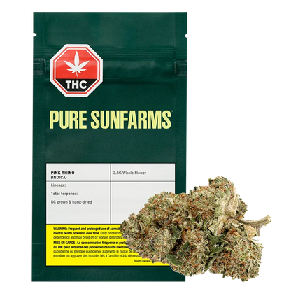Front view of the Pure Sunfarms Pink Rhino pouch with a 3.5 g bud pictured in front on a white background.