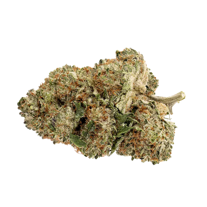 Close-up front view of a frosty, green-and-orange bud labeled Pink Rhino showing dense trichomes and a short stem.