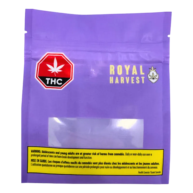 Front-facing shot of the purple Frosted Fruit Cake pouch with a clear window, yellow warning strip and THC symbol, titled Frosted Fruit Cake.