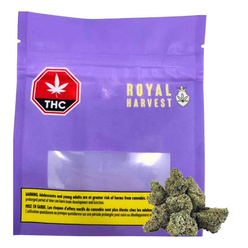 Front-facing shot of a purple pouch labeled Royal Harvest Frosted Fruit Cake with a clear window, yellow warning strip, and cannabis buds at the lower right.