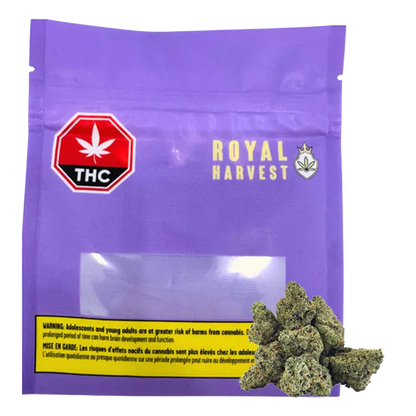 Front-facing shot of a purple pouch labeled Royal Harvest Frosted Fruit Cake with a clear window, yellow warning strip, and cannabis buds at the lower right.