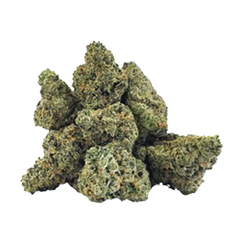 Close-up of a small pile of Frosted Fruit Cake cannabis buds on a white background, showing dense green and orange trichome-covered nugs.