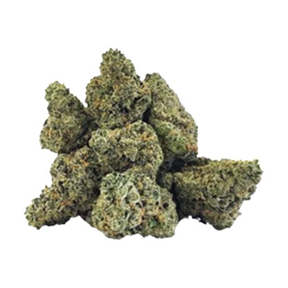 Close-up of a small pile of Frosted Fruit Cake cannabis buds on a white background, showing dense green and orange trichome-covered nugs.