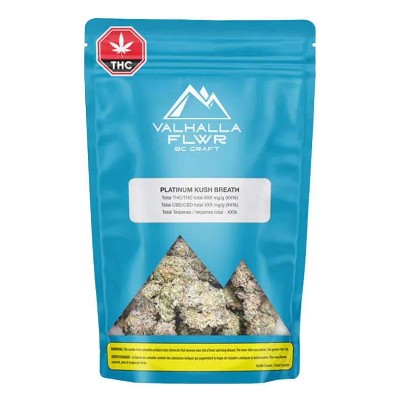Front-facing blue pouch showing a mountain-shaped window of buds, labeled Valhalla FLWR Platinum Kush Breath.