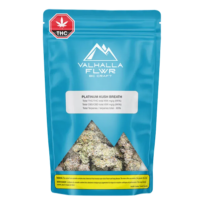 Front-facing blue pouch showing a mountain-shaped window of buds, labeled Valhalla FLWR Platinum Kush Breath.