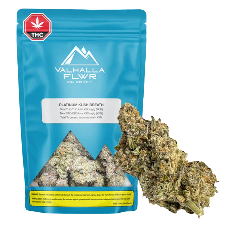 Front-facing blue Valhalla Flwr Platinum Kush Breath pouch with visible buds through a triangle window and a large cannabis nugget beside it.