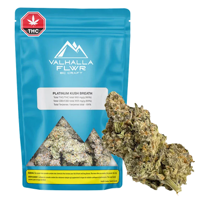 Front-facing blue Valhalla Flwr Platinum Kush Breath pouch with visible buds through a triangle window and a large cannabis nugget beside it.