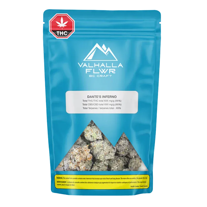 Front-facing shot of the Valhalla Flwr Dante's Inferno blue resealable pouch with mountain logo and bud-filled triangular window.
