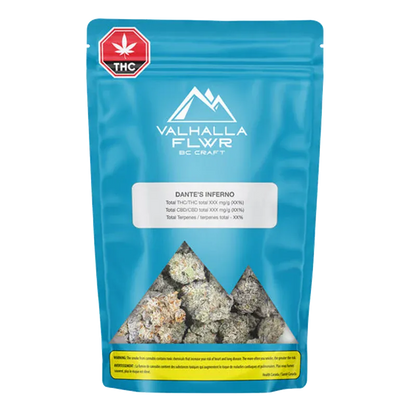 Front-facing shot of the Valhalla Flwr Dante's Inferno blue resealable pouch with mountain logo and bud-filled triangular window.