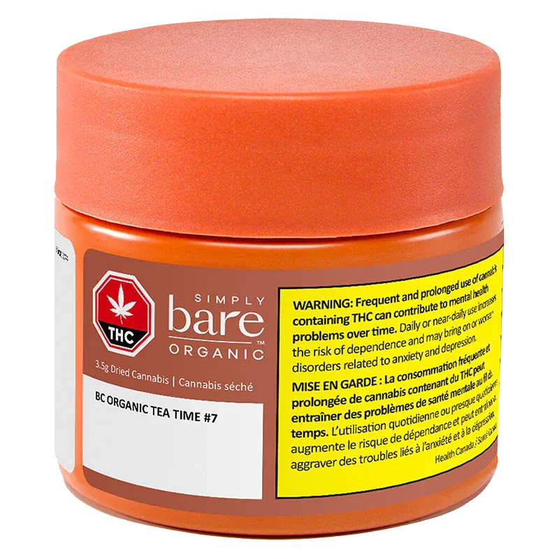 Front three-quarter view of an orange jar labeled "BC Organic Tea Time" from Simply Bare Organic, showing the red THC symbol and a prominent yellow health warning.