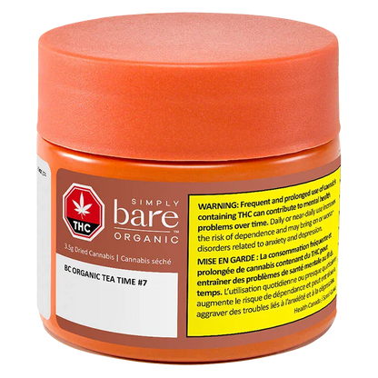 Front three-quarter view of an orange jar labeled "BC Organic Tea Time" from Simply Bare Organic, showing the red THC symbol and a prominent yellow health warning.
