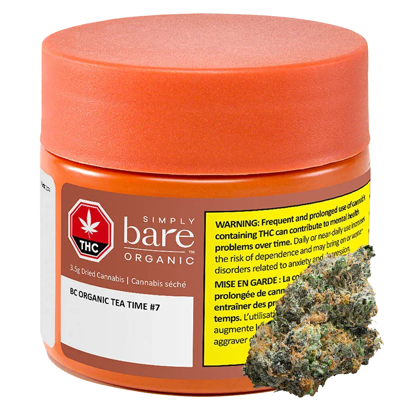 Front three-quarter view of the BC Organic Tea Time jar with orange lid and label, shown alongside a single cannabis bud.