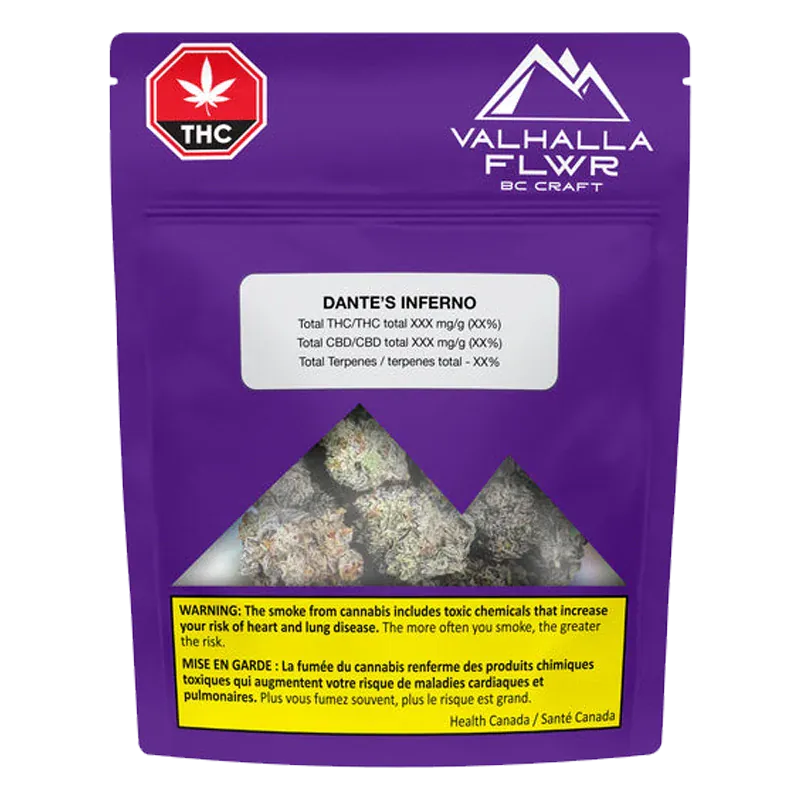 Front-facing image of the purple Valhalla Flwr Dante's Inferno pouch with a mountain-shaped clear window showing cannabis buds.