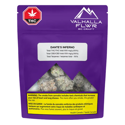 Front-facing image of the purple Valhalla Flwr Dante's Inferno pouch with a mountain-shaped clear window showing cannabis buds.